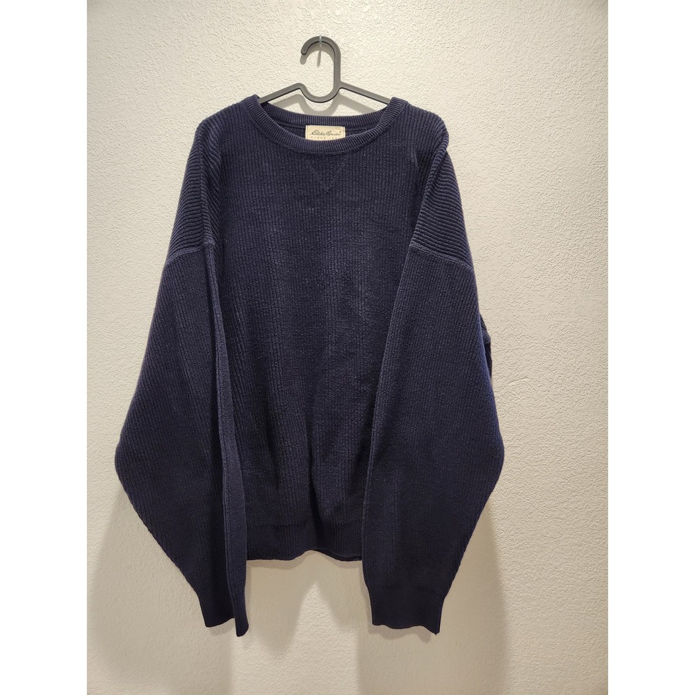 Eddie Bauer Mens Navy Blue Ribbed Cotton Crew Neck Sweater Vintage USA Made LG